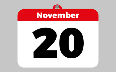 November, 20. White and red calendar.