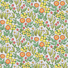 Seamless floral pattern, retro style ditsy print with yellow wildflowers on a blue field. Pretty botanical background with hand drawn flowers, leaves, herbs in an abstract composition. Vector.