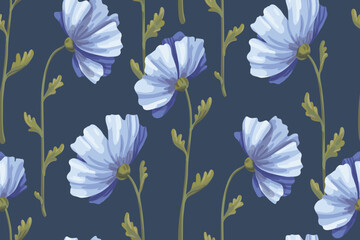 Seamless floral pattern, gentle ditsy print with blue cosmos flowers. Romantic botanical background with a simple composition of hand drawn wild flowers. Vector illustration, watercolor imitation.