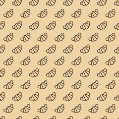 Croissant seamless pattern line style on brown background for bakery, cafe, cupcake firm, loaf store, bread house, coffee shop, food market. Vector Illustration