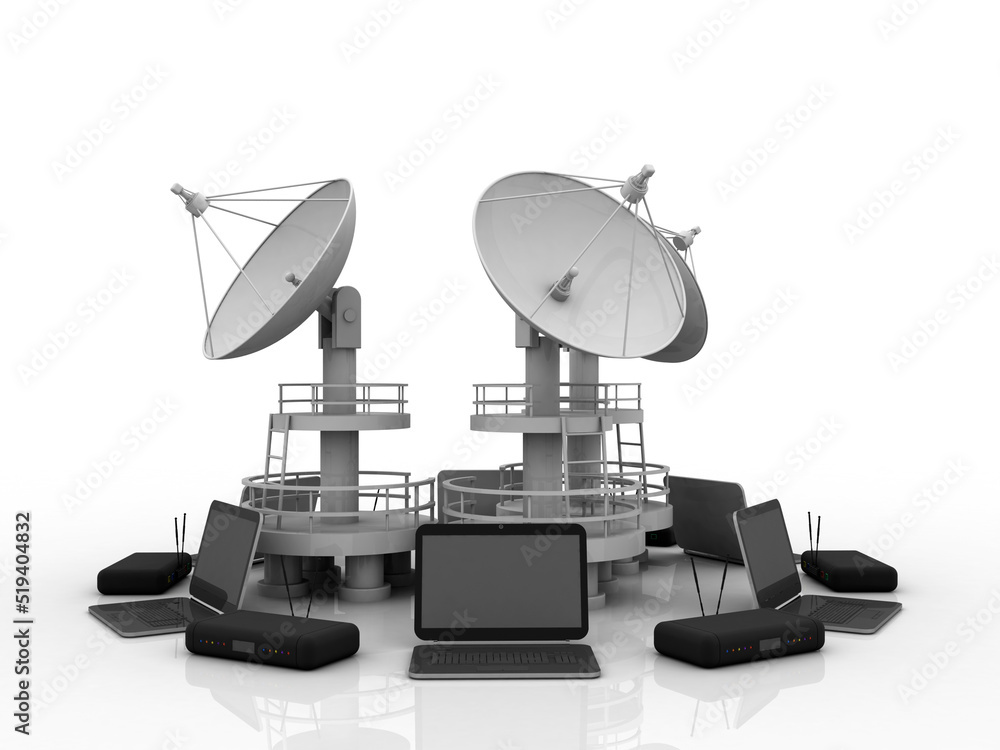 Poster 3d rendering satellite dish and spaceship around computer modem network