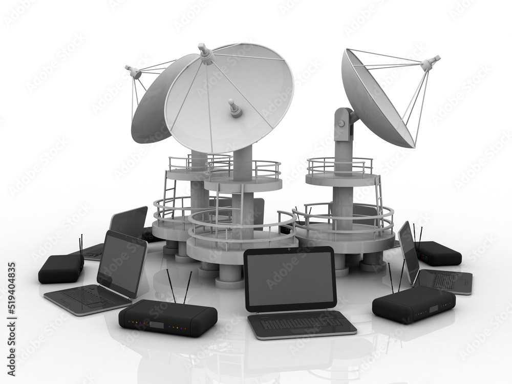 Poster 3d rendering satellite dish and spaceship around computer modem network