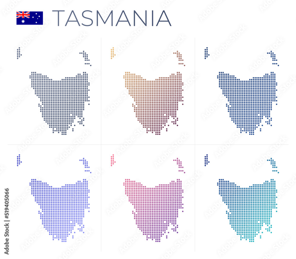 Poster tasmania dotted map set. map of tasmania in dotted style. borders of the island filled with beautifu