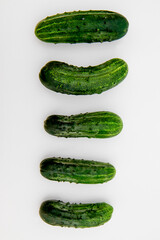 Ripe fresh green cucumbers laid out in a row, highlighted on a white background. A young summer harvest, vitamins and proper healthy nutrition