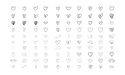 Fototapeta na wymiar Hearts doodle on a white background. Vector hand drawn outline symbols for love, wedding, Valentine's day or other romantic design. Set of 100 various decorative shapes. Black doodle illustrations.