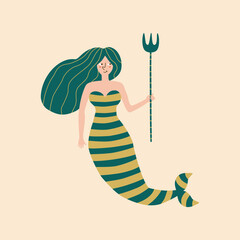 Cute mermaid with green hair and trident hand drawn vector illustration. Isolated cheerful water nymph in flat style for kids logo or icon. - obrazy, fototapety, plakaty