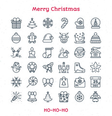 Merry Christmas line icons set black color thin stroke style isolated on white background for your decoration and app design project. Happy New Year. Happy Holiday. Vector Illustration