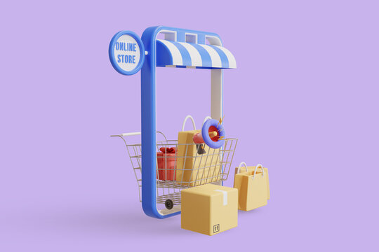 online shopping on mobile aplication. 3d rendering