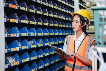 Warehouse worker check the equipment parts on the shelf  in the warehouse.