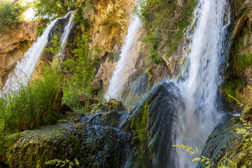 Rifle Falls State Park, Colorado. Cascading triple waterfall