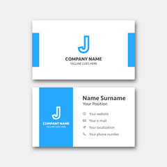 Letter "J" alphabet logo with business card template. Vector graphic design elements for company logo. Color blue.