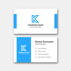 Letter "K" alphabet logo with business card template. Vector graphic design elements for company logo. Color blue.