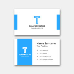 Letter "T" alphabet logo with business card template. Vector graphic design elements for company logo. Color blue.