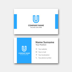 Letter "U" alphabet logo with business card template. Vector graphic design elements for company logo. Color blue.