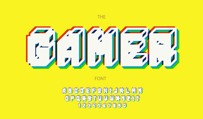 Vector gamer alphabet bold style. Trendy font for party poster, kids book, t shirt, flyer, decoration, card, sale banner, printing on fabric, industrial. Cool typeface. 10 eps