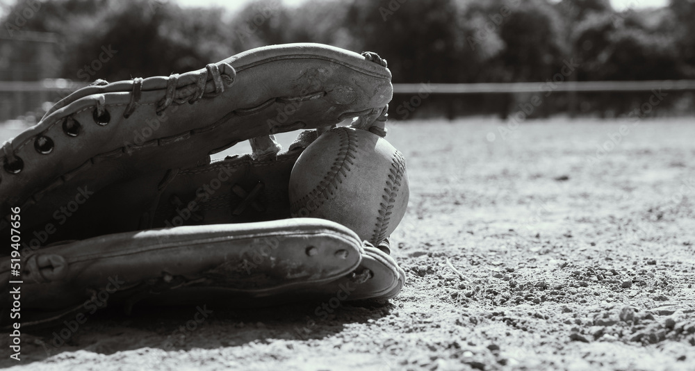 Poster sports ball and glove close up in black and white for baseball background on field during summer. - Posters
