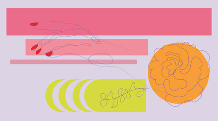 Lineart red nails hand and abstract shapes