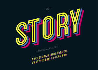 Vector bold story alphabet modern typography sans serif 3d style for book, promotion, poster, decoration, t shirt, sale banner, printing on fabric. Cool font. Trendy typeface. 10 eps