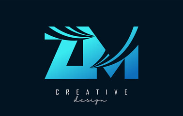 Creative blue letter ZM z m logo with leading lines and road concept design. Letters with geometric design. Vector Illustration with letter and creative cuts.