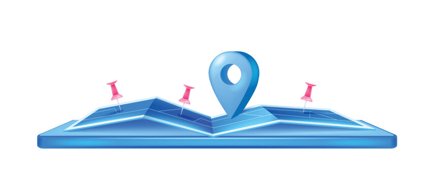 3D GPS locator pin, paper city map, infographic store pictogram, vector navigate location sign. Delivery destination concept, tracking mobile app clipart, position mark. Blue GPS locator, smartphone