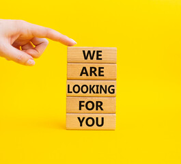 We are looking for you symbol. Wooden blocks with words We are looking for you. Beautiful yellow background. Businessman hand. Business and We are looking for your concept. Copy space.