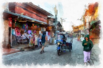 People and lifestyle activities in the morning of rural Thailand watercolor style illustration impressionist painting.