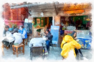 Fototapeta na wymiar People and lifestyle activities in the morning of rural Thailand watercolor style illustration impressionist painting.