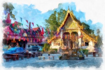 Fototapeta premium Ancient temples in the northeastern provinces of Thailand watercolor style illustration impressionist painting.