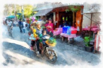 Fototapeta na wymiar People and lifestyle activities of rural tourism markets in Thailand watercolor style illustration impressionist painting.