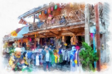 Fototapeta na wymiar People and lifestyle activities of rural tourism markets in Thailand watercolor style illustration impressionist painting.