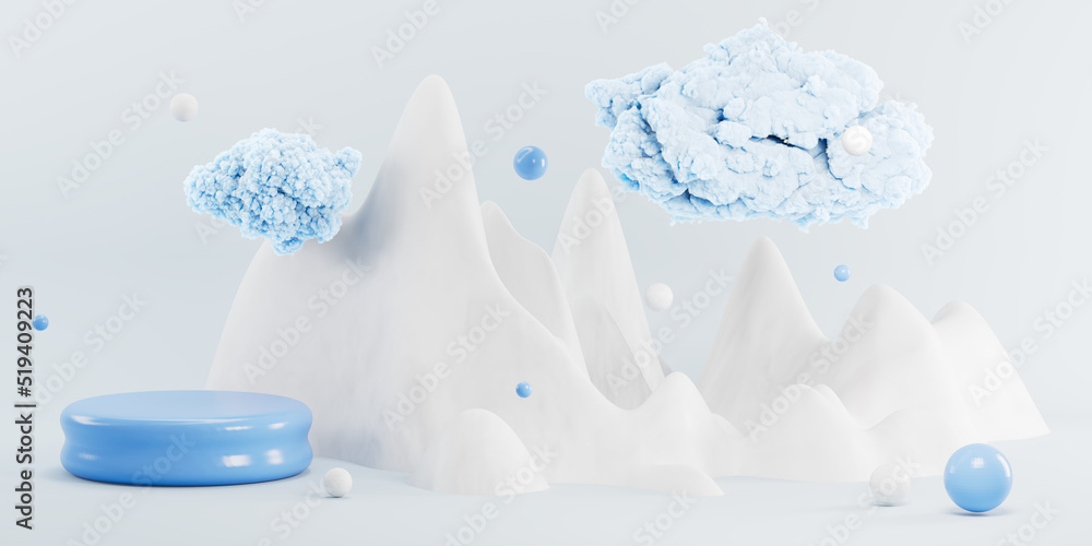 Aufkleber 3d abstract rendering illustration of mountains and clouds with showcase podium for presentations. c