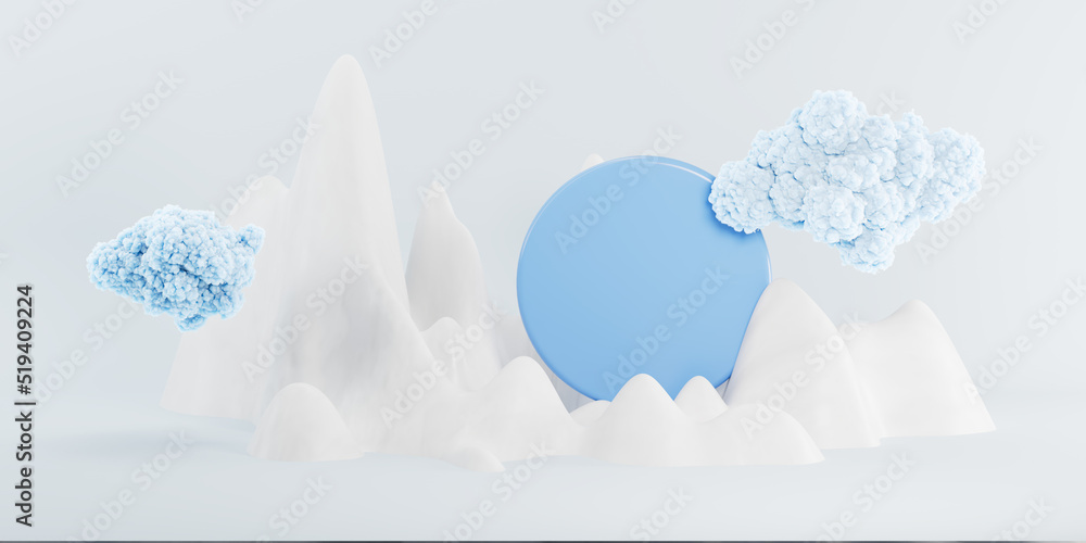 Aufkleber 3d abstract rendering illustration of mountains and clouds with showcase podium for presentations. c