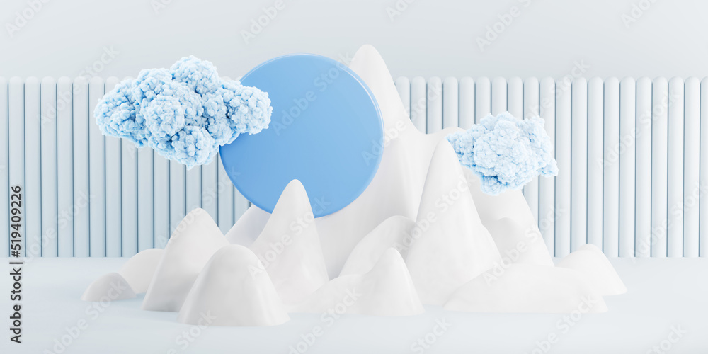 Aufkleber 3d abstract rendering illustration of mountains and clouds with showcase podium for presentations. c