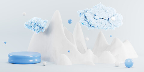 Obraz na płótnie Canvas 3d abstract rendering illustration of mountains and clouds with showcase podium for presentations. Creative cute dreamy style. Geometric spheres. Space for text