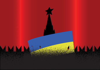 flag of of Ukraine disappears with a bloody wound against the background of the black Kremlin with a star.  war conflict between the countries occupation of the territory vector