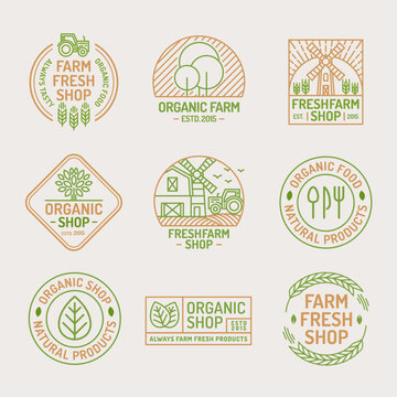 Farm fresh and organic shop logo set color line style isolated on background for healthy food market, natural product company, vegan cafe, eco store, nature firm, garden, farming. Vector Illustration
