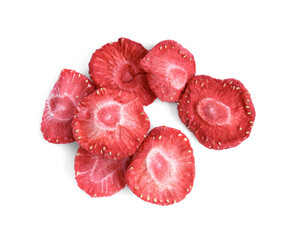 Pile of freeze dried strawberries on white background, top view © New Africa