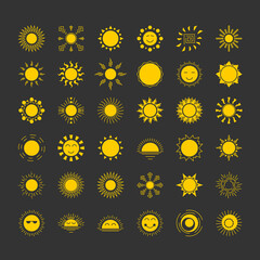 sun logo set yellow color isolated on black background for travel logotype, solar logo, tag, natural energy symbol, stamp, t shirt, banner, emblem. Sun icon. Vector Illustration 10 eps