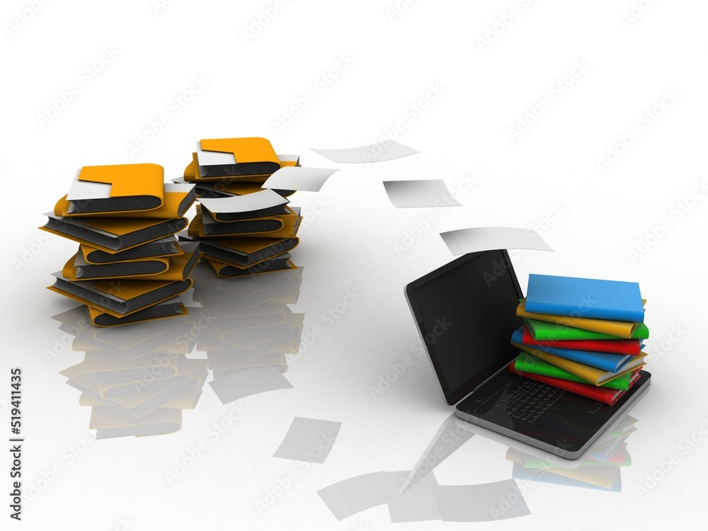 Poster 3d rendering book with laptop near folder