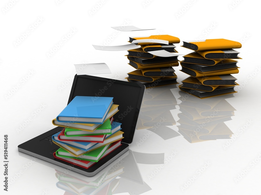 Poster 3d rendering book with laptop near folder