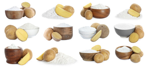 Set with starch and fresh potatoes on white background
