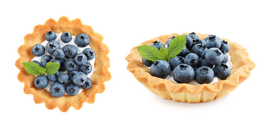 Tasty sweet tartlets with fresh blueberries on white background. Banner design