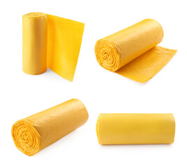 Set with rolls of garbage bags on white background