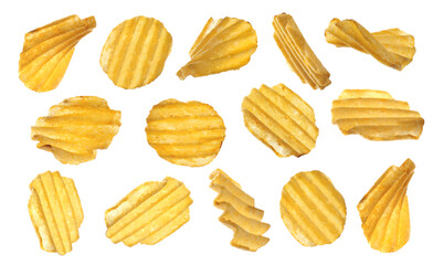 Set of ridged crispy potato chips on white background