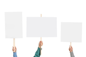Group of people holding blank protest signs on white background, closeup - obrazy, fototapety, plakaty
