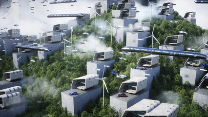 Futuristic city. flying car traffic. Robots and people in megapolice. Future concept. 3d rendering.