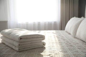 Fototapeta na wymiar Folded clean blanket on bed in room. Space for text