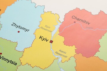 Kyiv region on map of Ukraine, closeup