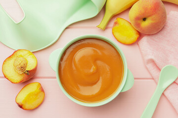 Bowl with tasty pureed baby food and ingredients on pink wooden table, flat lay