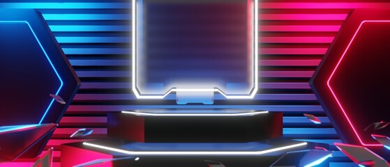 abstract backgound video game of esports scifi gaming cyberpunk, vr virtual reality simulation and metaverse, scene stand pedestal stage, 3d illustration rendering, futuristic neon glow room © issaronow
